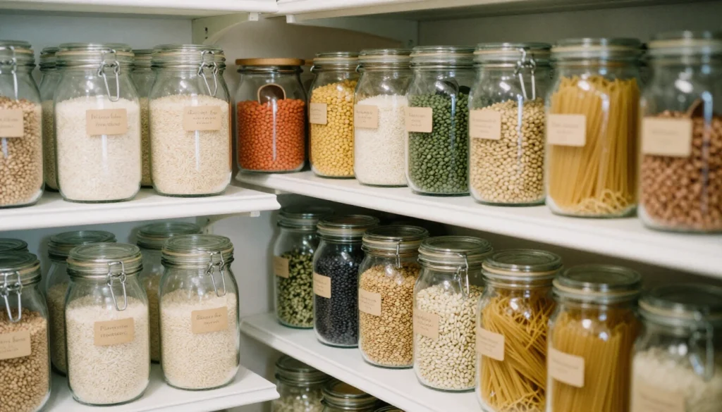 Aisle of pantry staples in glass jars with rice, lentils and pasta and timber scoops