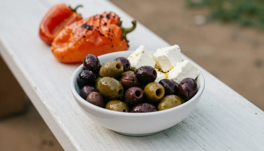 Bowls of kalamata olives, marinated feta and roasted capsicum on a deli bench