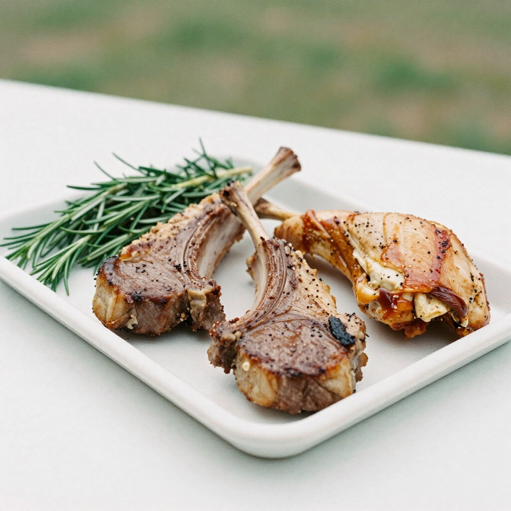 Butcher counter tray of marinated lamb cutlets and free range chicken with rosemary on marble