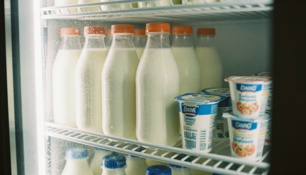 Cold room shelves of milk bottles and yoghurt tubs with condensation on the glass