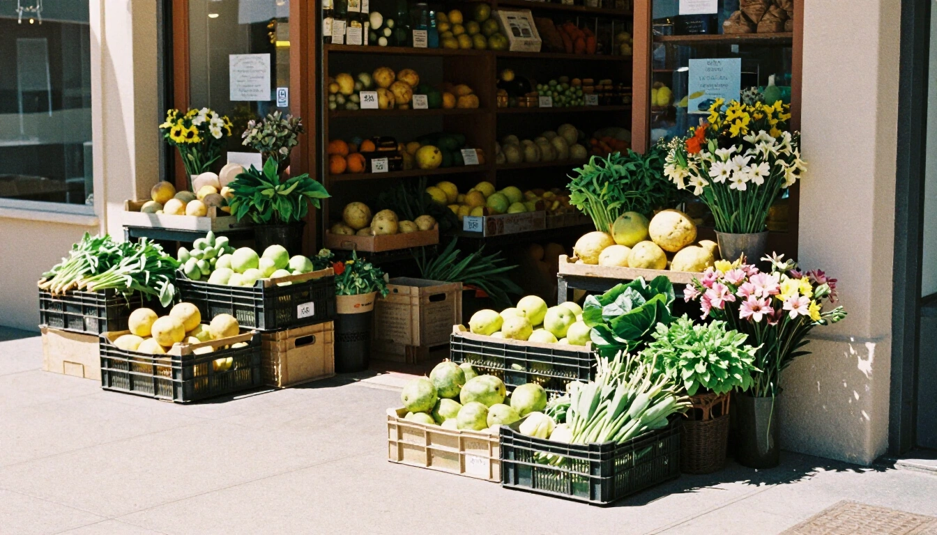 Corner shopfront of an independent grocer with crates of stone fruit and leafy greens on the footpath