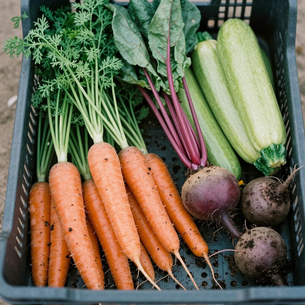 Crate of freshly picked carrots, silverbeet, zucchini and beetroot with soil still on the skins