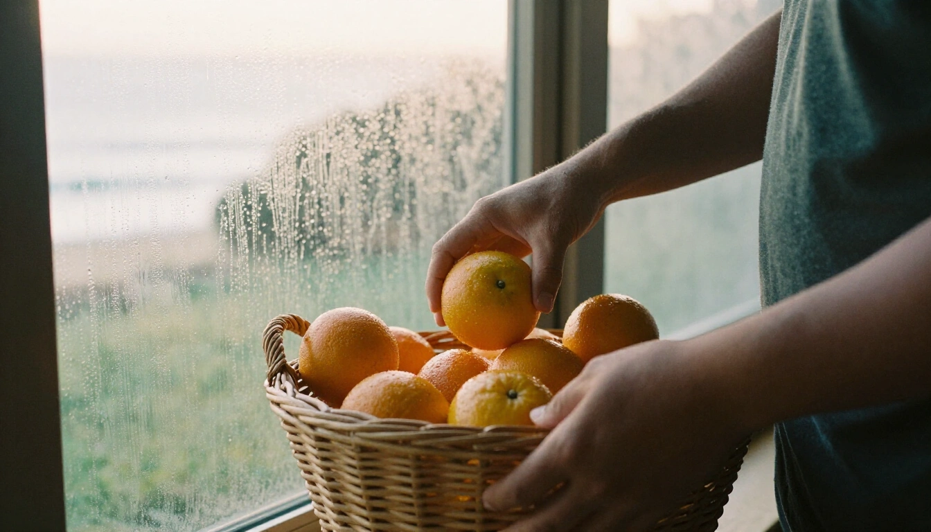 Grocer sorting mandarins into a wicker basket at dawn beside a cold room door