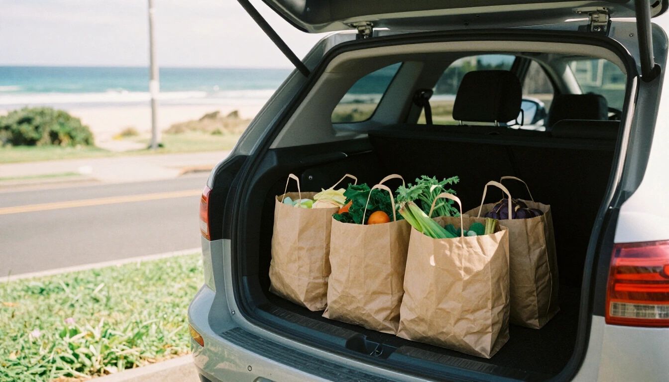 Paper grocery bags packed with produce loaded into an open car boot on a beachside street