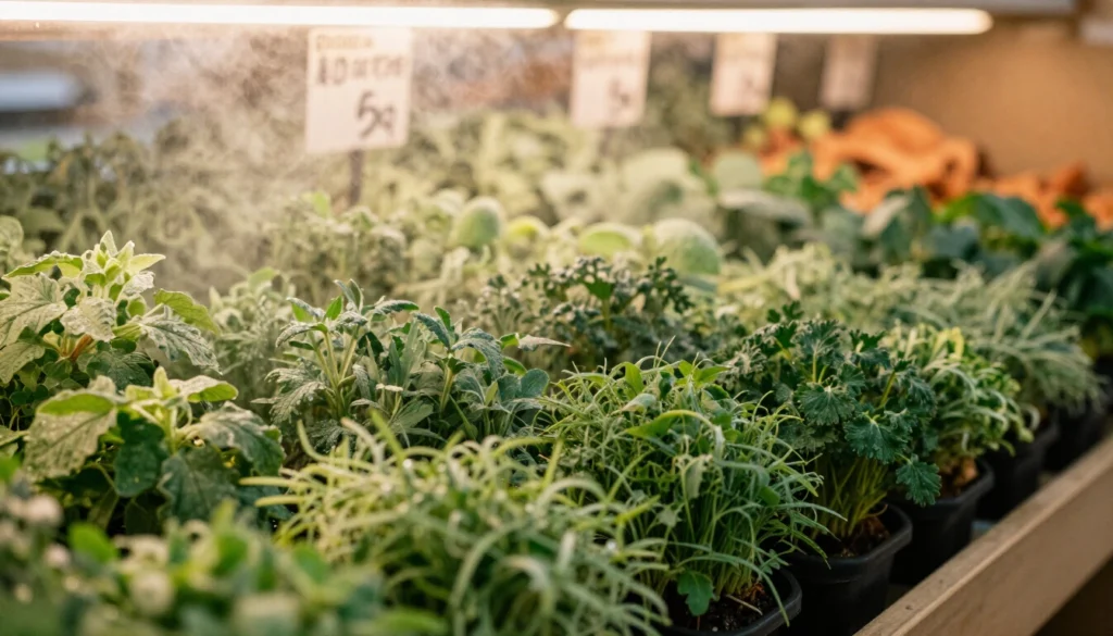 Rows of leafy herbs misted with water under warm store lighting