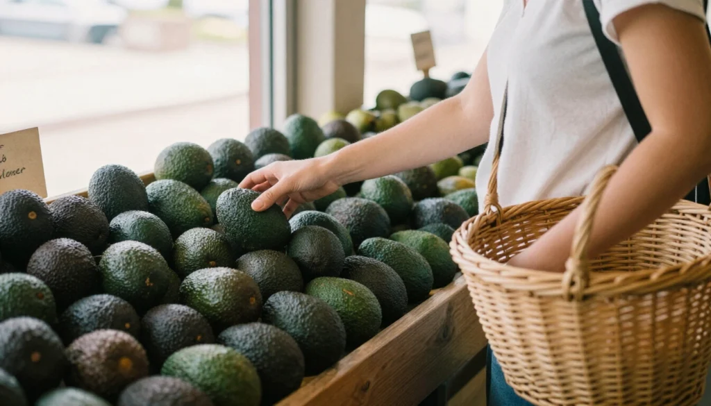 Shopper choosing avocados from a slatted timber display with a wicker basket
