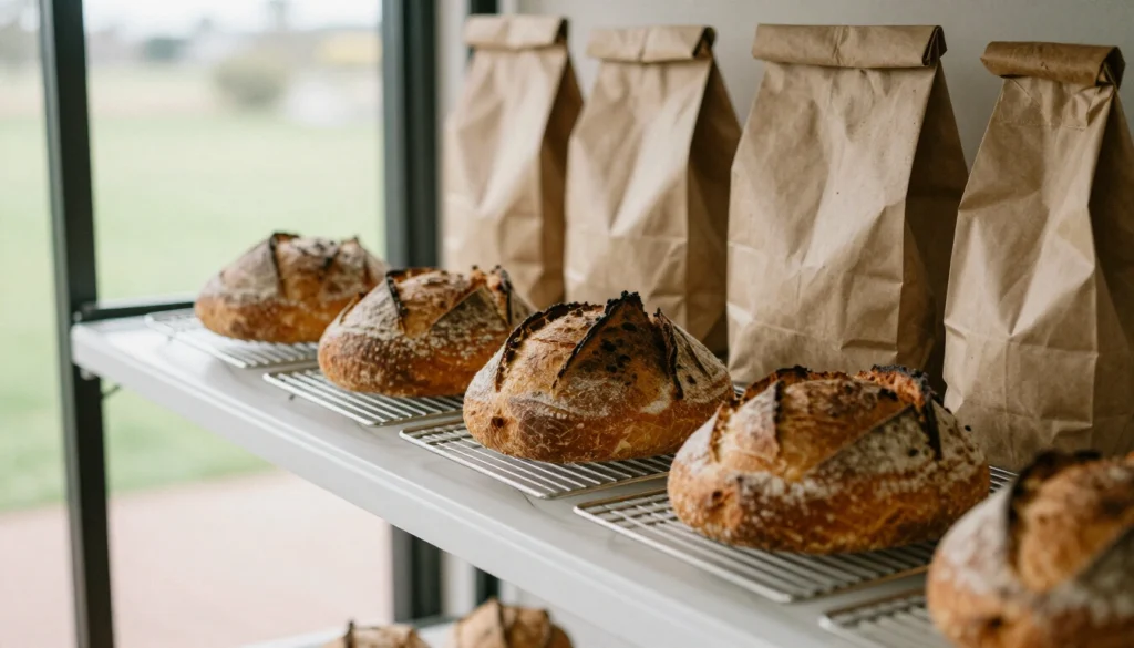 Sourdough loaves cooling on wire bakery racks beside brown paper bags