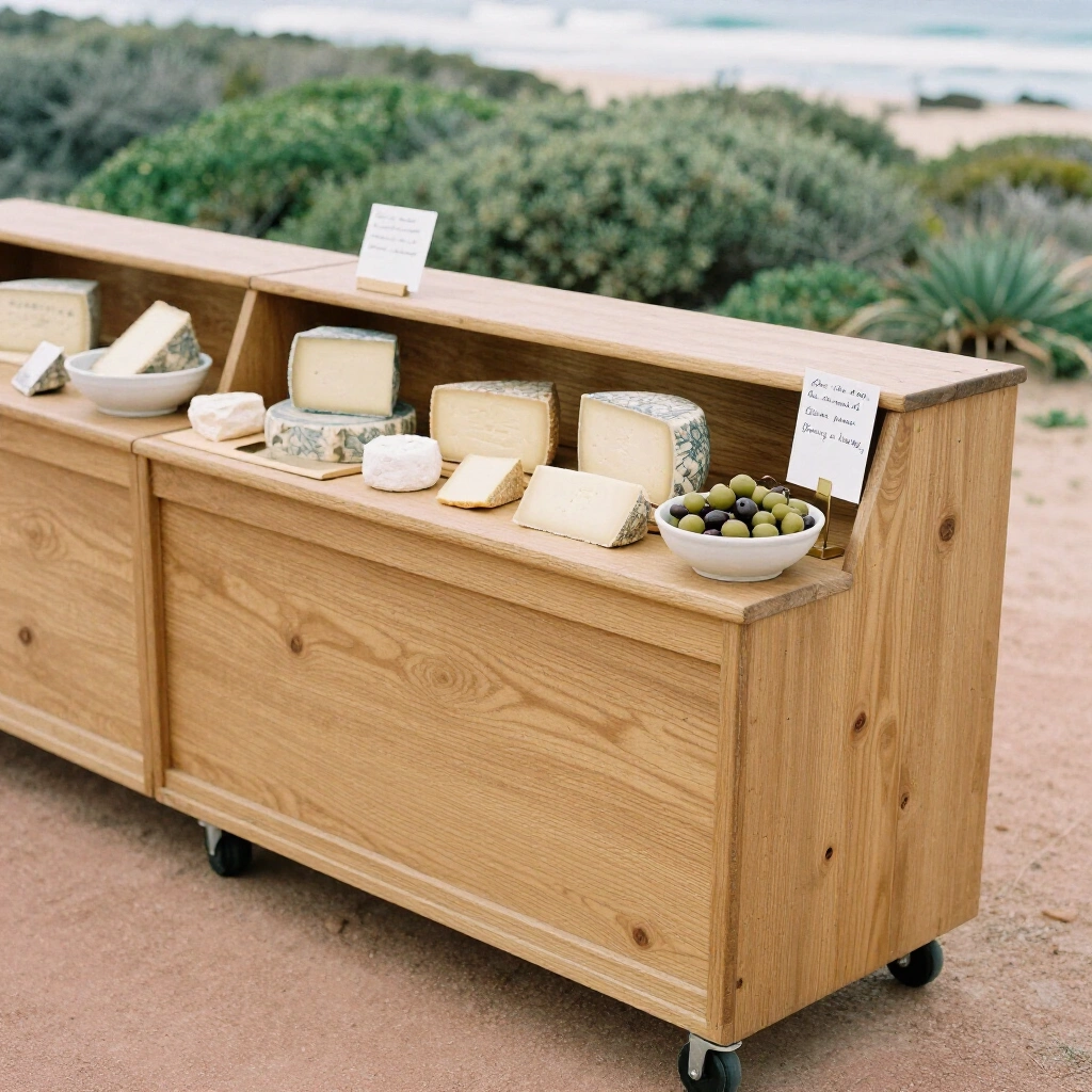 Timber deli counter with wheels of local cheese and olives in ceramic bowls